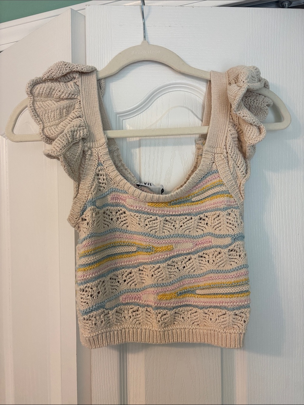 Zara Cream Knit Tank with Pastel Pink, Blue and Yellow Stripes